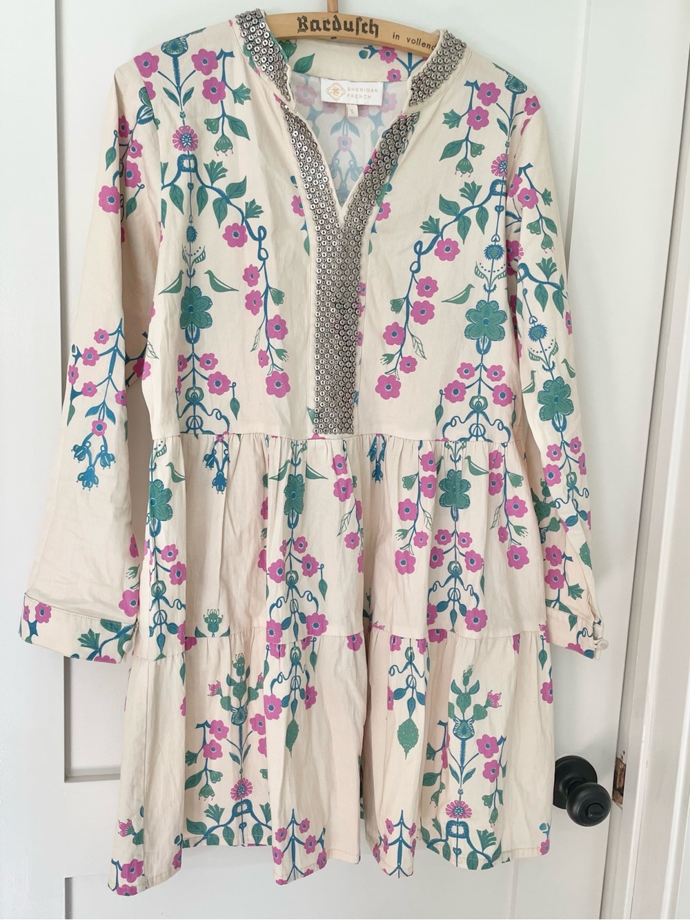Sheridan French Abigail Dress S Floral Embellished V Neck Cotton Tiered Mini